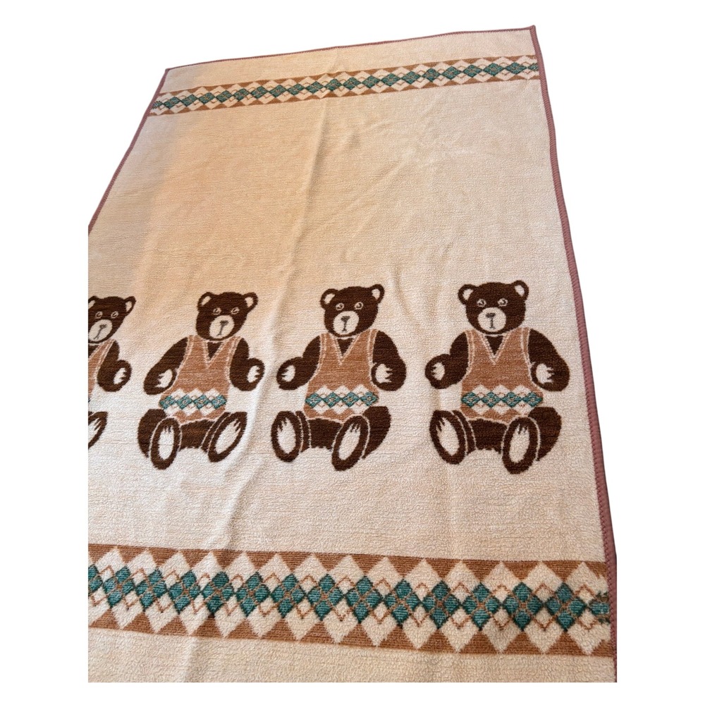 Argyle Teddy Bear Vuteks Vukovar Blanket Reversible Acrylic Cream Brown Vintage